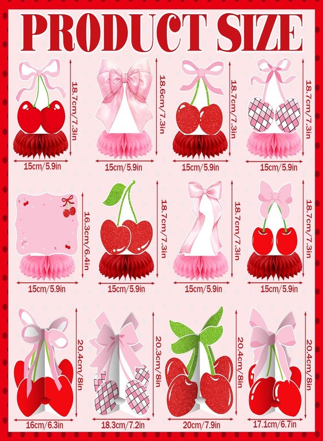 Weekgrat 12 Pcs Cherry Birthday Party Decoration She's the Cherry on Top Honeycomb Centerpiece 3D Red Pink Bow Table Decoration Table Topper for Women Bachelor Baby Shower Party Supplies - Image 2